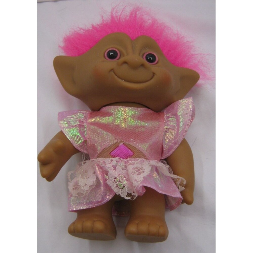 VTG Large 7" Posable Ace Novelty Treasure Troll With Jewel Belly Pink Hair